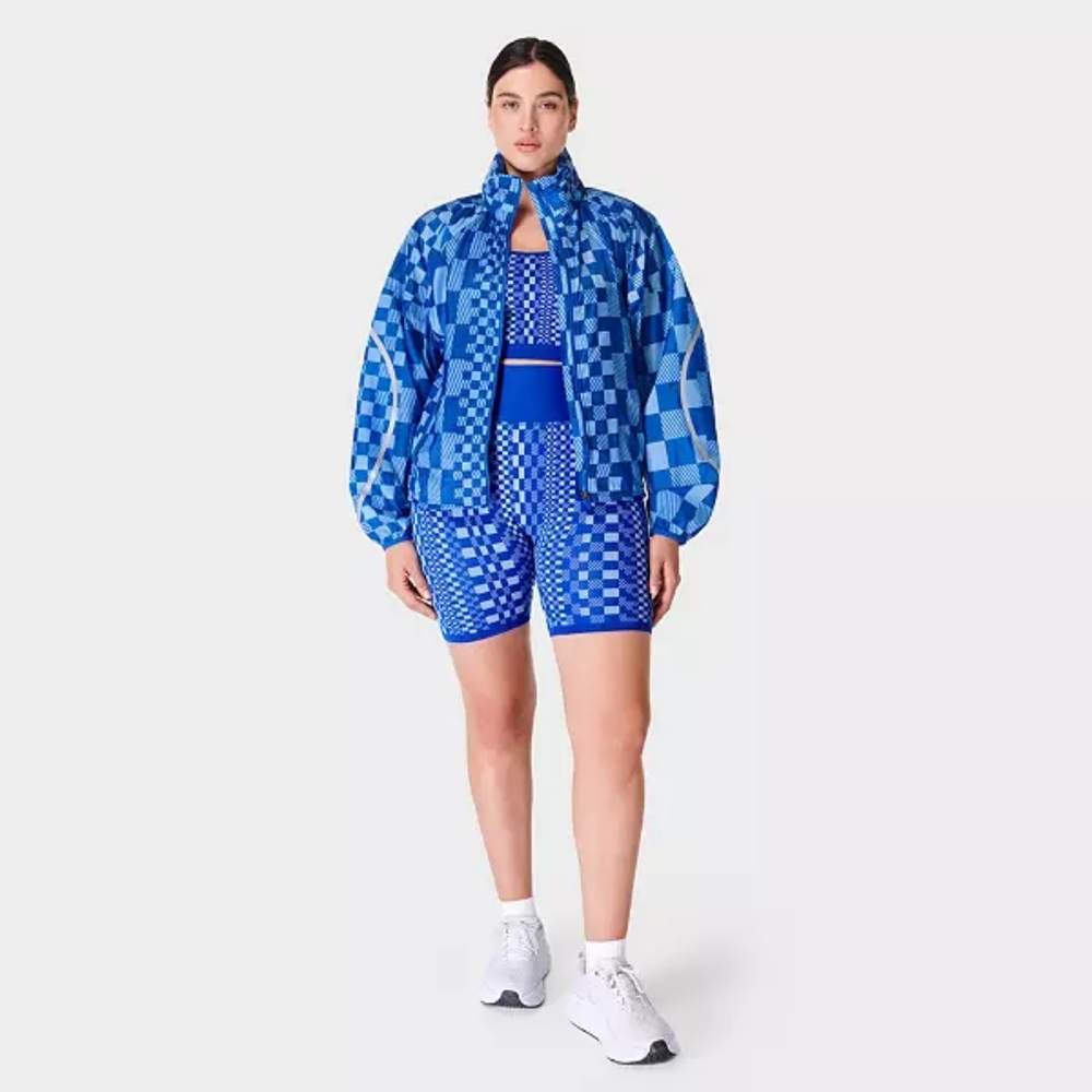 Sweaty Betty Blue Checkered Graphic Pack Away Jacket Women's Size Medium NWT - Picture 2 of 15